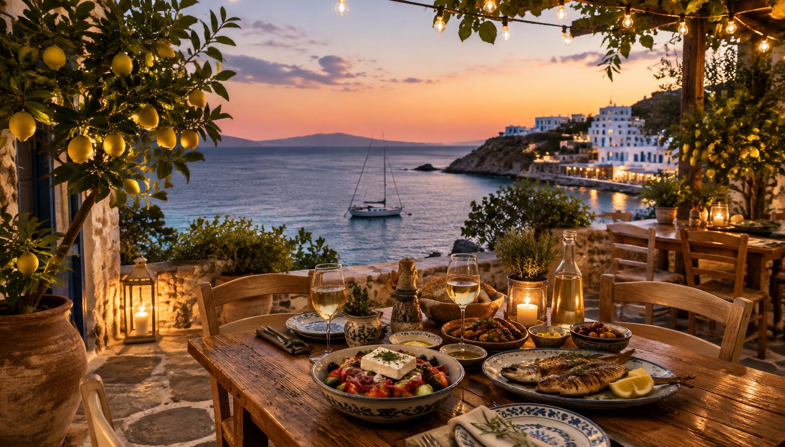 Coastal taverna table at dusk with fresh dishes, wine and string lights over the sea