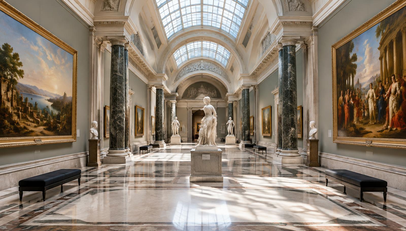 Sunlit classical museum gallery hall with marble columns, paintings and sculptures