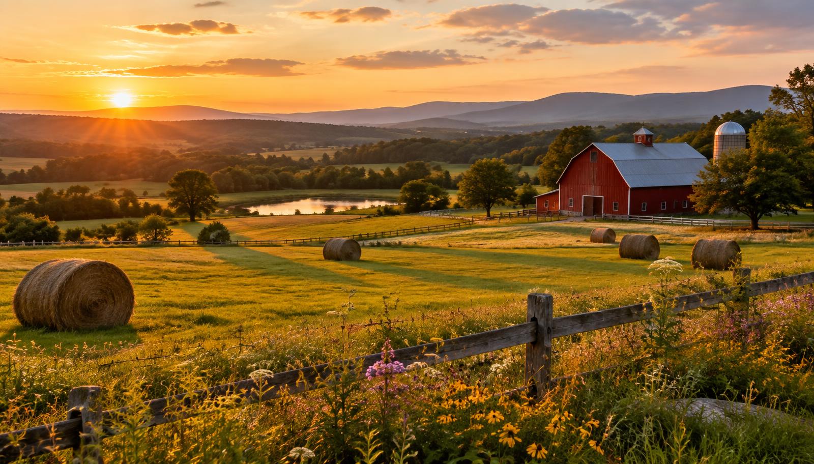 Golden-hour farm country with a red barn, hay bales and wildflower pastures