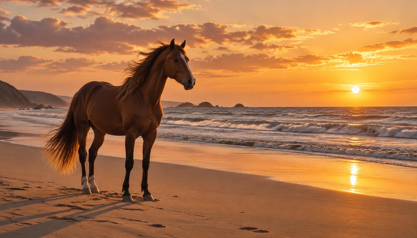 A lone unsaddled horse standing on an empty beach at sunset