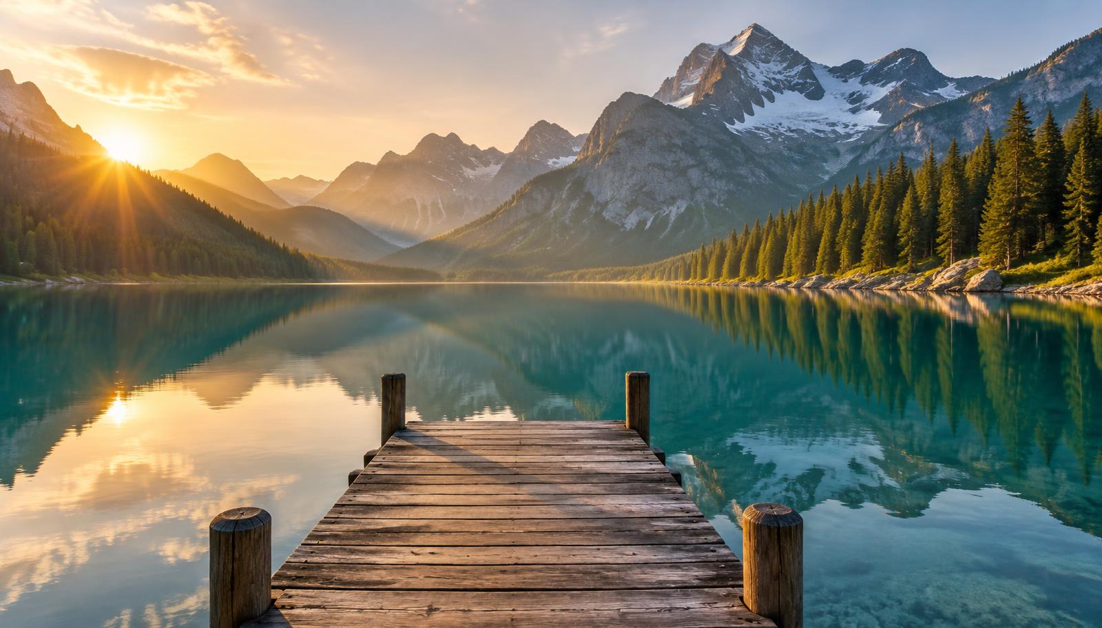 Alpine lake at golden hour with an empty dock