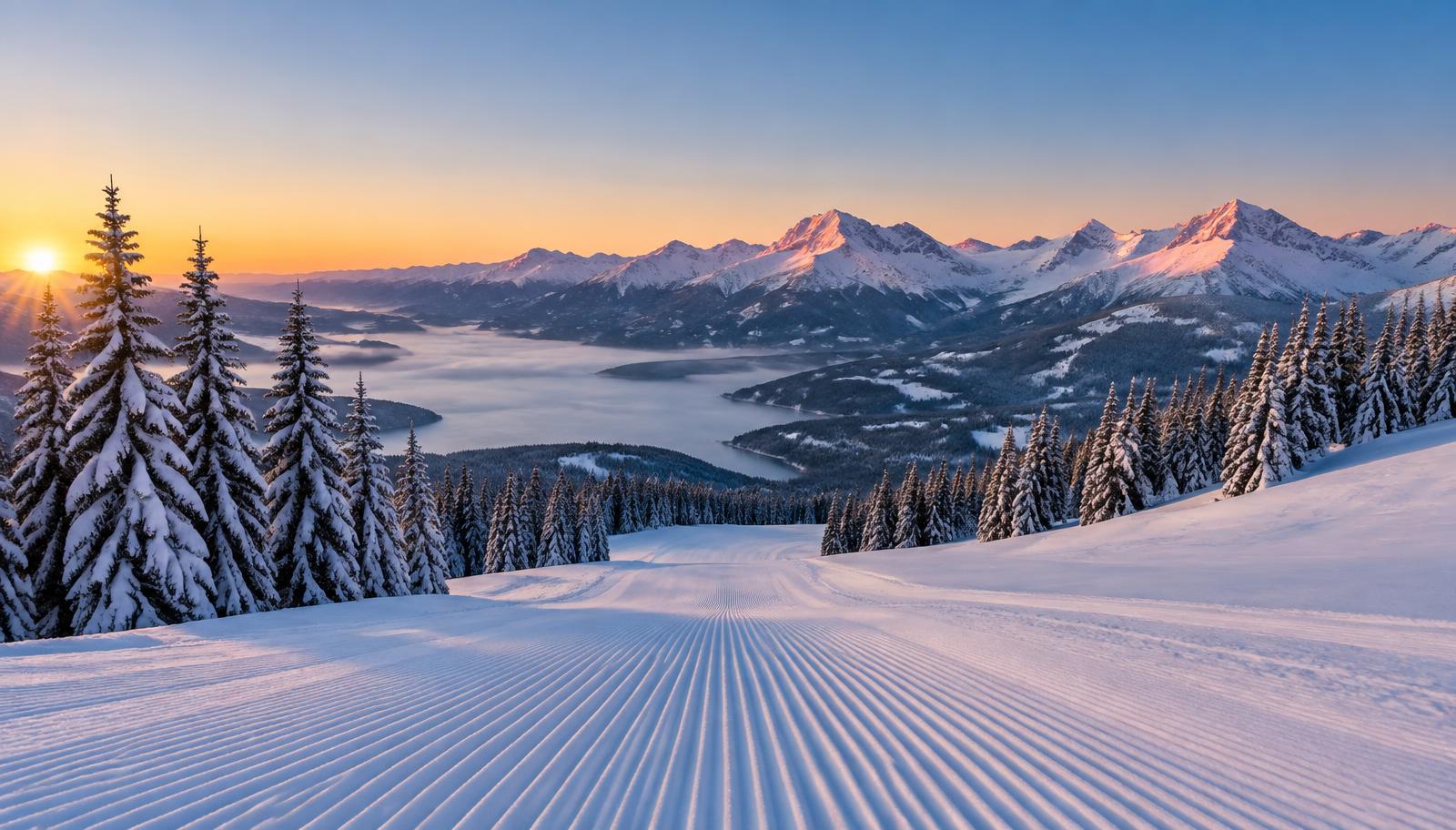 Freshly groomed ski slope at dawn above a sea of clouds